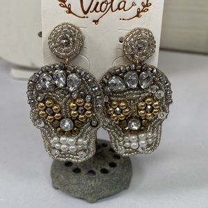 Blinged out silver gold bead rhinestone Sugar Skull earrings